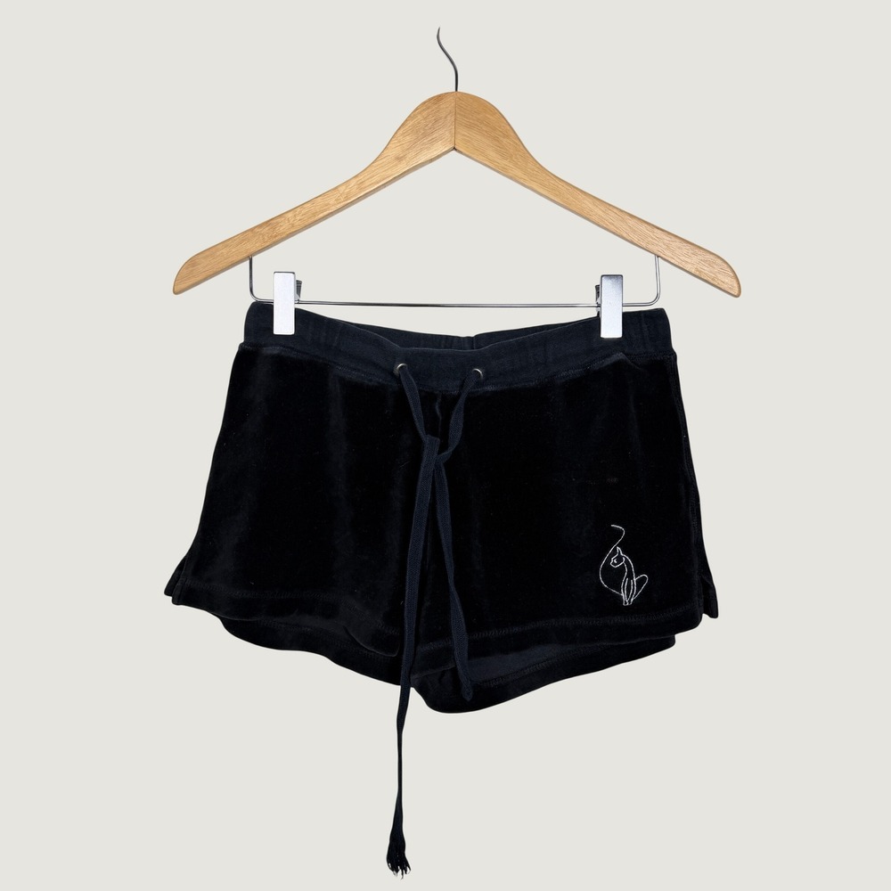 Baby Phat Shorts Womens Small Black Velour Y2K Embroidered Cat Logo Drawstring